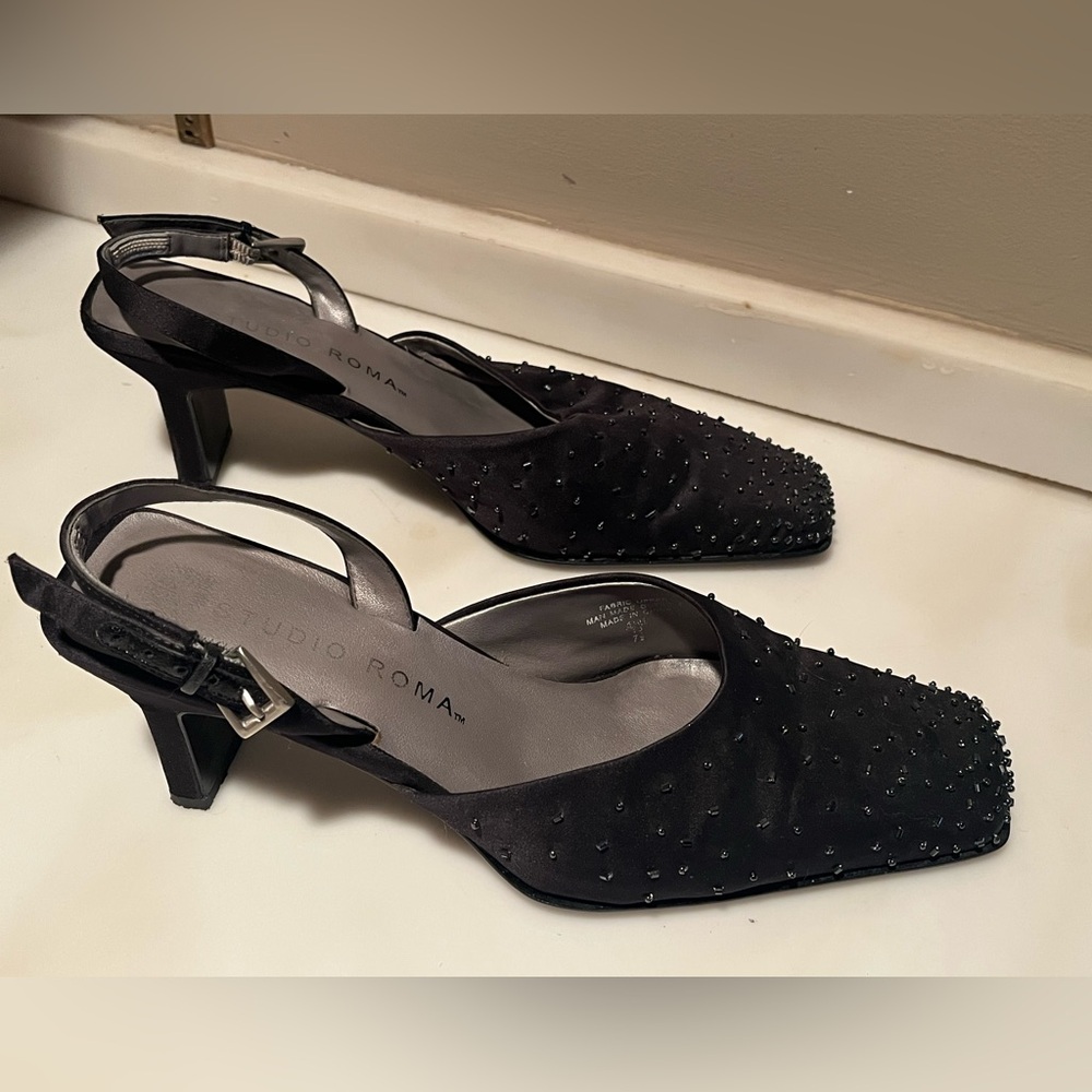 STUDIO ROMA Black Beaded Satin Women's Slingback Heels, Size 7.5